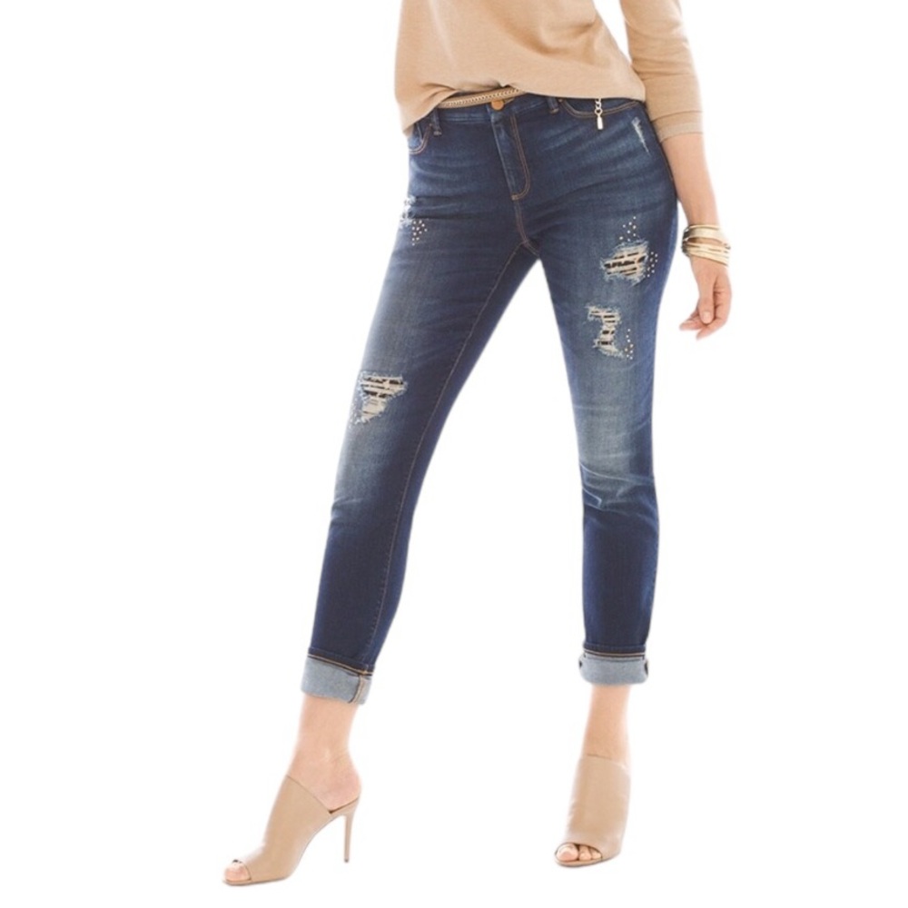 Chicos Platinum 00 Destructed Animal Print Patch Jeggings Blue Jeans Size 2